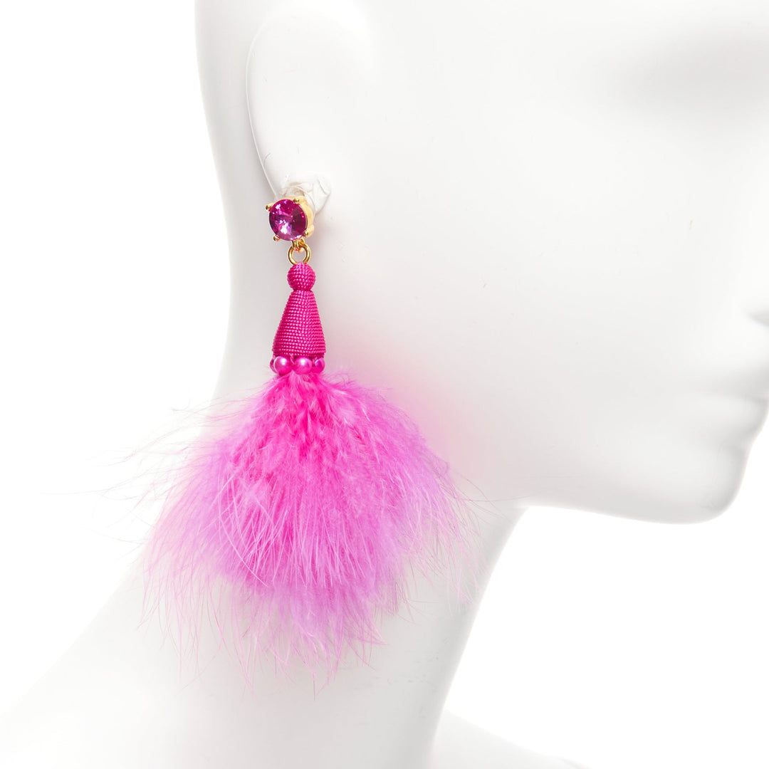 OSCAR DE LA RENTA hot pink ostrich feather bead crystal pin earrings pair