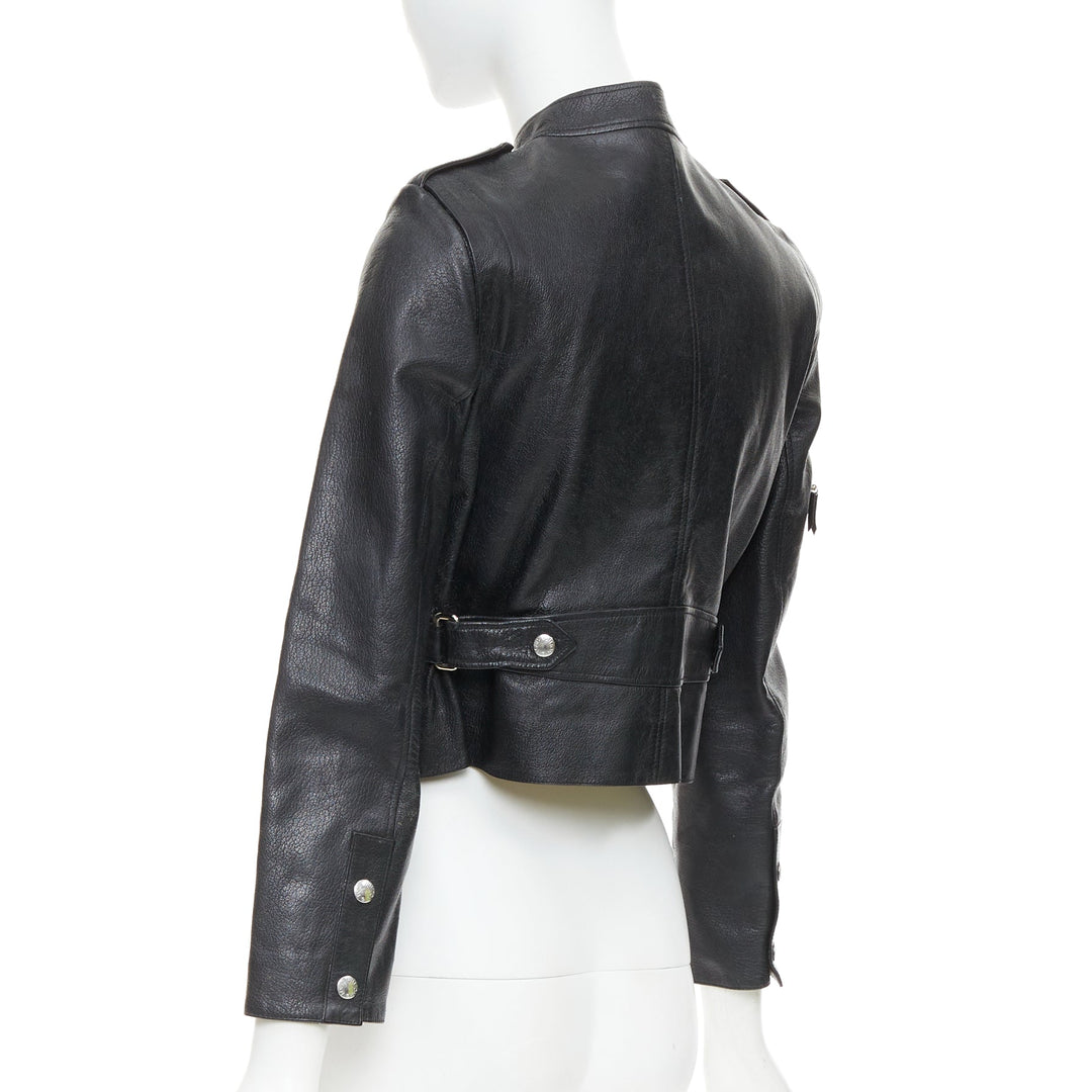 LOUIS VUITTON black goatskin leather LV zip cropped biker jacket FR36 S