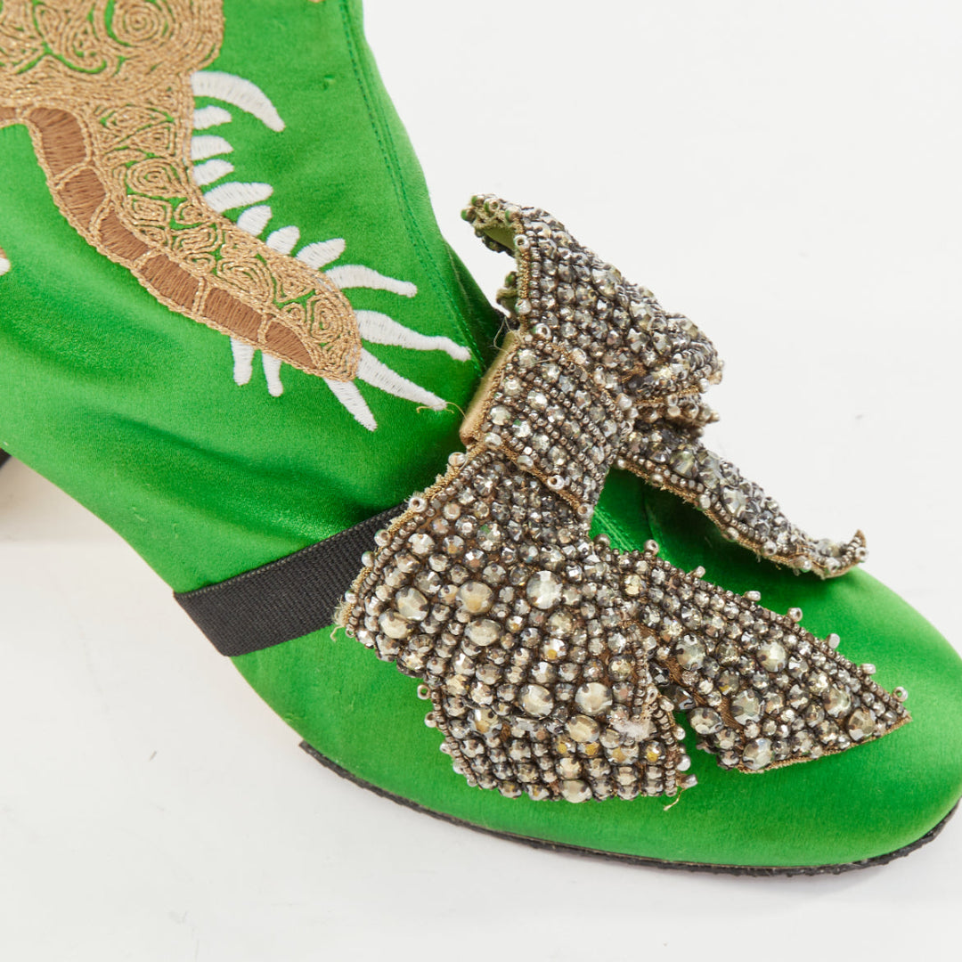 rare GUCCI 2017 Runway Caspar green satin dragon embroidered boot heels EU39