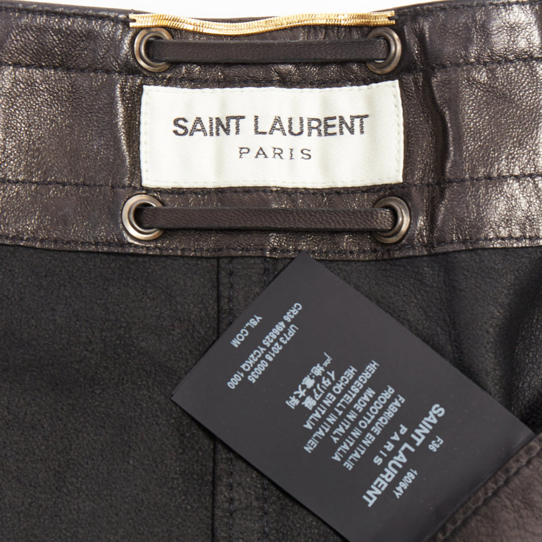 SAINT LAURENT 2018 black lambskin leather drawstring waist mini skirt FR36 S