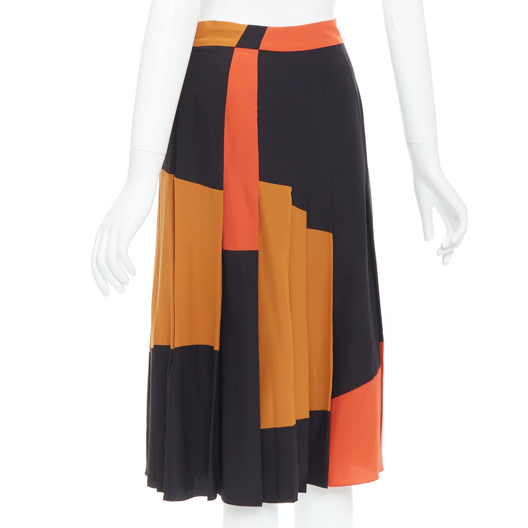 BOTTEGA VENETA 100% silk  black orange brown colorblock pleated skirt IT36 XXS