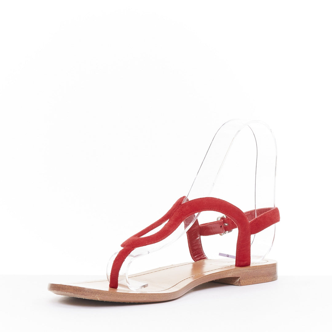 PRADA red suede leather wavy tstrap thong ankle buckle comfort flat sandals EU37