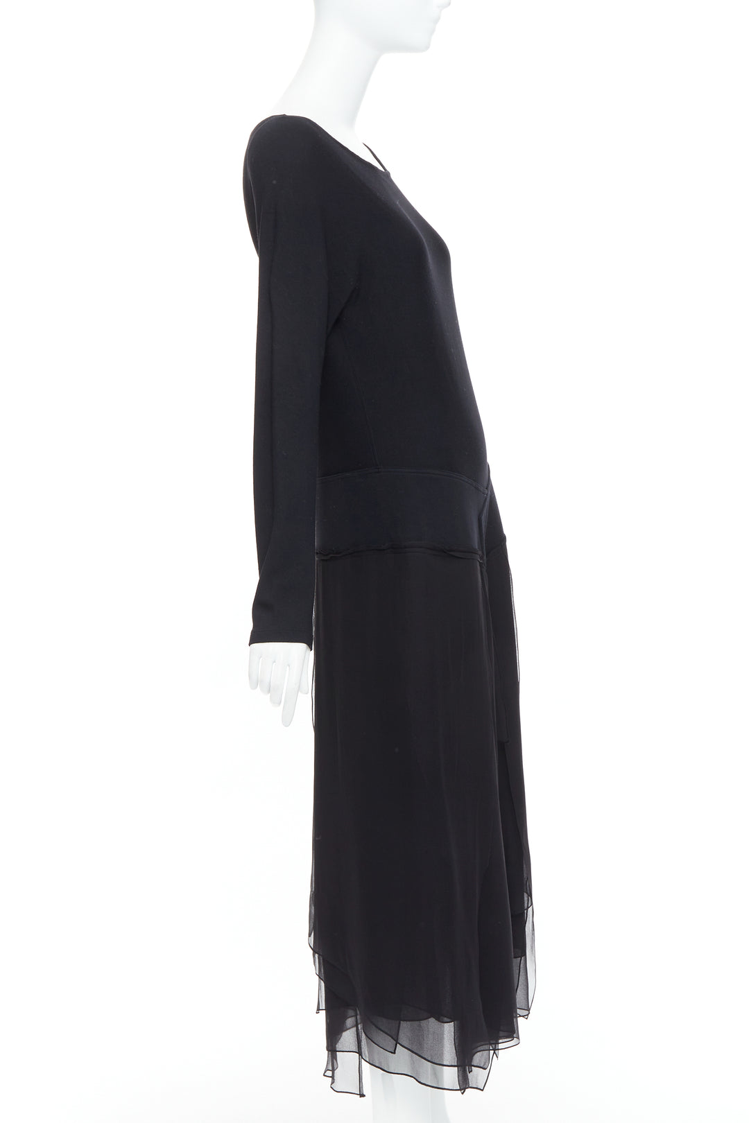 DONNA KARAN Vintage black silk trimmed viscose wool boxy midi dress L