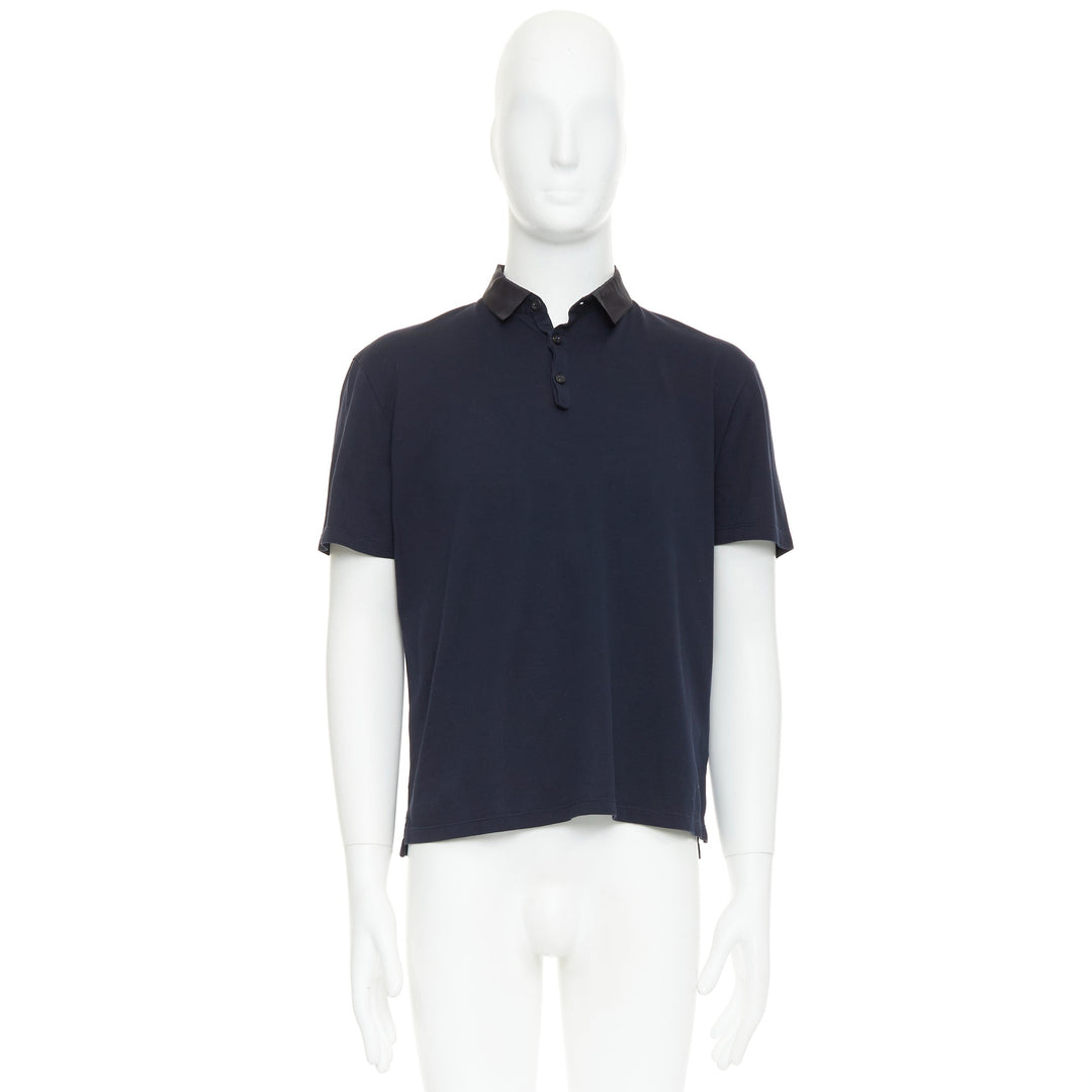 LANVIN navy cotton black grosgrain collar trim short polo shirt M