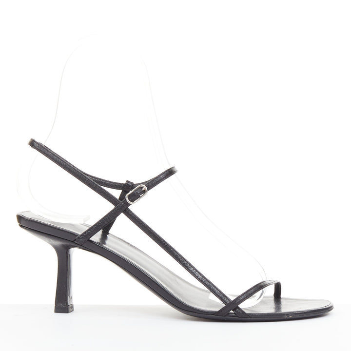 THE ROW Bare black minimalist slim straps silver buckles spool heel sandals EU36