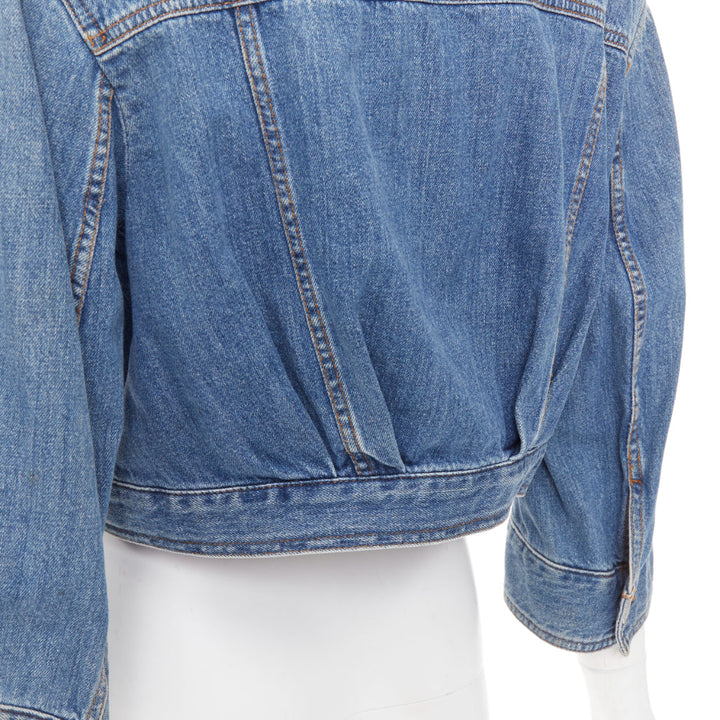 DRIES VAN NOTEN 2017 blue washed distressed 3/4 sleeve crop denim jacket FR38 M