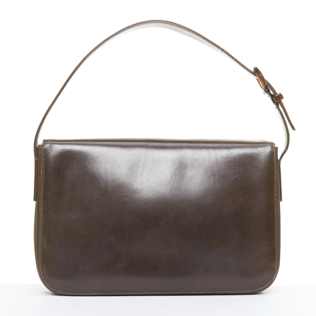 PRADA Vintage dark brown leather acrylic logo buckle flap bag
