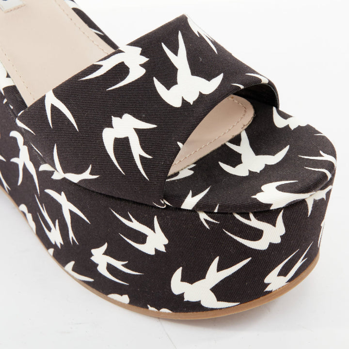 MIU MIU 2010 Runway swallow print navy canvas open toe platform wedge EU39
