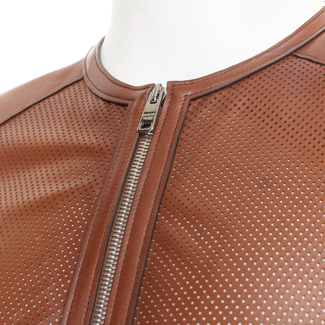 PRADA 2013 brown perforated lambskin leather zip collarless bomber jacket IT46 S