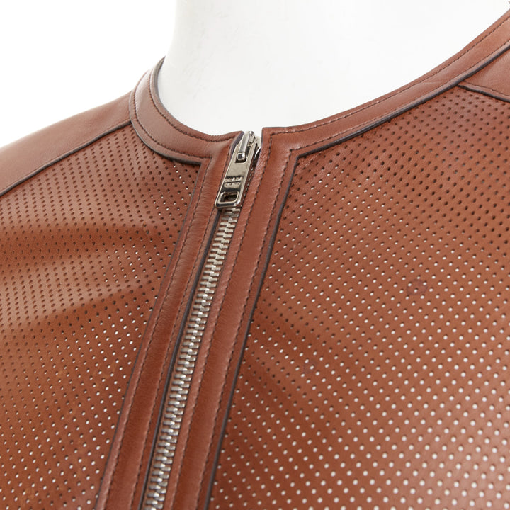 PRADA 2013 brown perforated lambskin leather zip collarless bomber jacket IT46 S