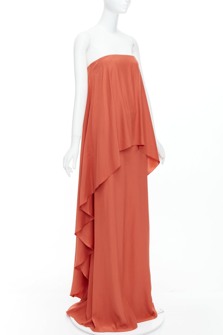 LANVIN 2015 100% silk burnt orange strapless tiered column maxi gown FR36 S