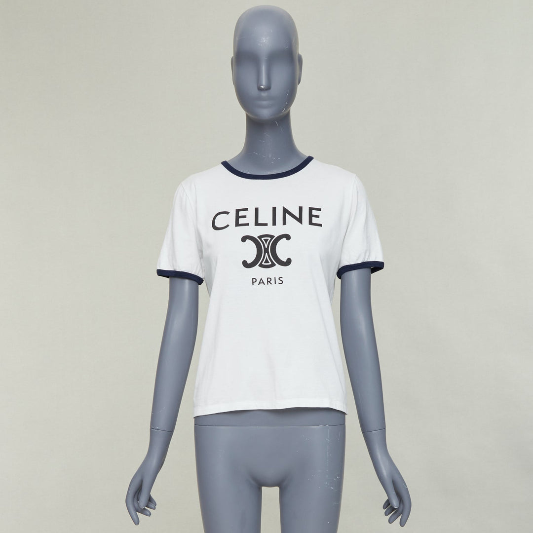CELINE Triomphe cream navy cotton logo print crew neck ringer tshirt M