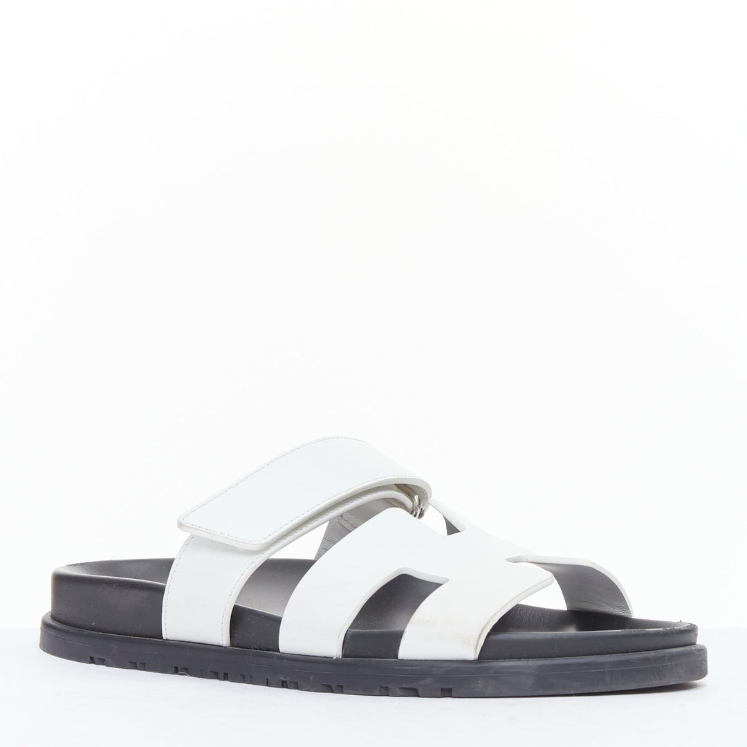 HERMES Chypre white leather H black techno sandals EU37