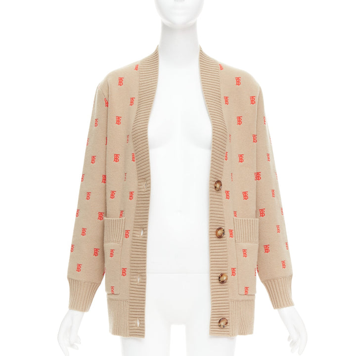 BURBERRY TB monogram camel red cashmere blend oversied cardigan XS