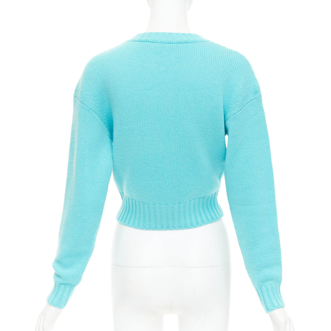 CHANEL 2020 100% cashmere cyan blue CC cursive logo cropped sweater¬† FR36 S