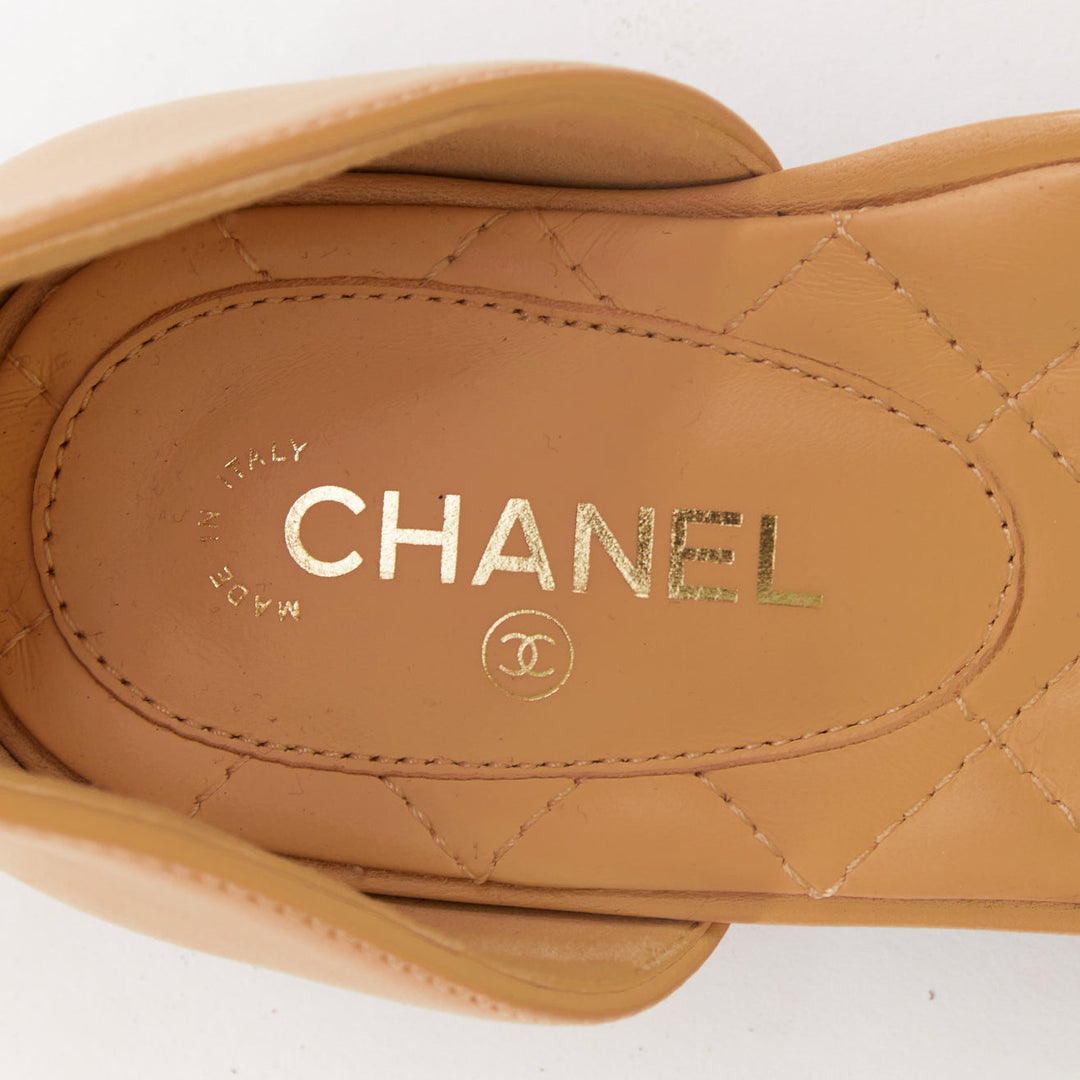 CHANEL nude lambskin stitching grosgrain CC toe cap ankle strap flats EU38.5