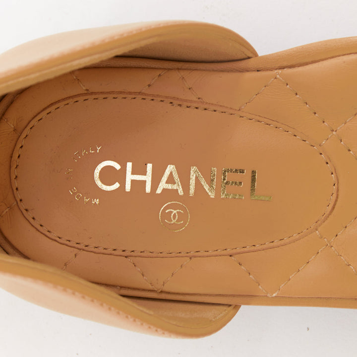 CHANEL nude lambskin stitching grosgrain CC toe cap ankle strap flats EU38.5