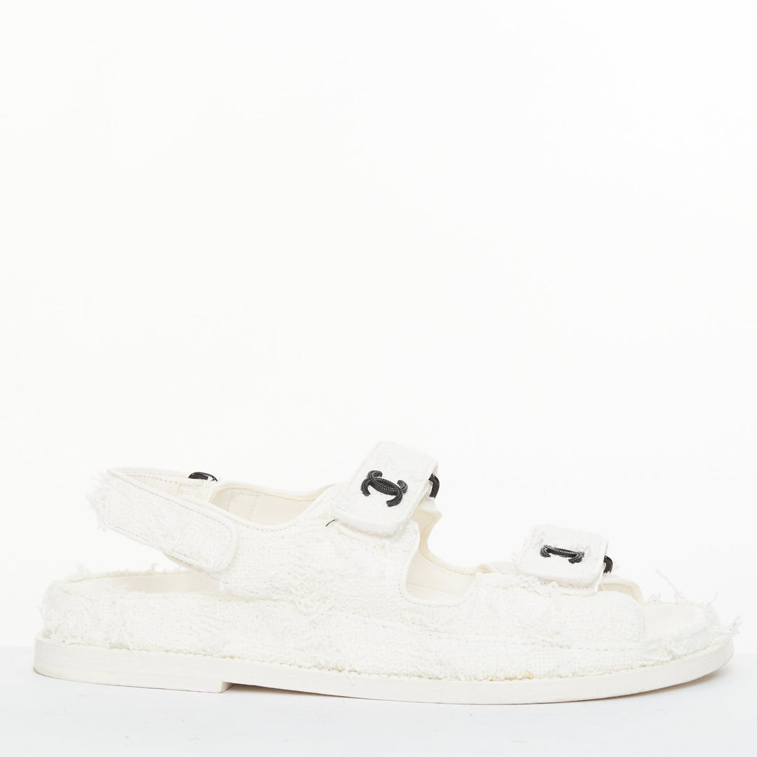 CHANEL 2021 frayed white tweed CC hook and loop open toe dad sandals EU37.5C