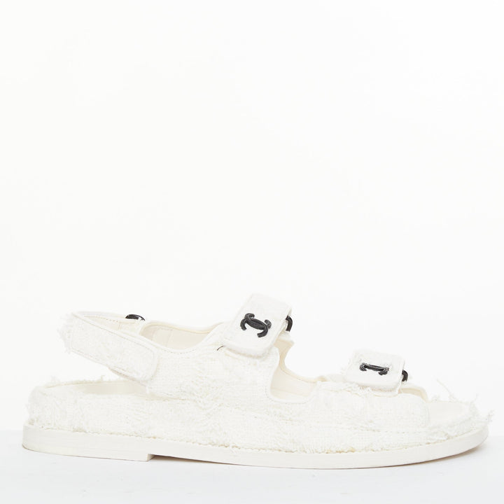 CHANEL 2021 frayed white tweed CC hook and loop open toe dad sandals EU37.5C