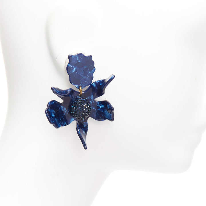 LELE SADOUGHI blue acrylic black crystal flower dangling clip on earrings Pair
