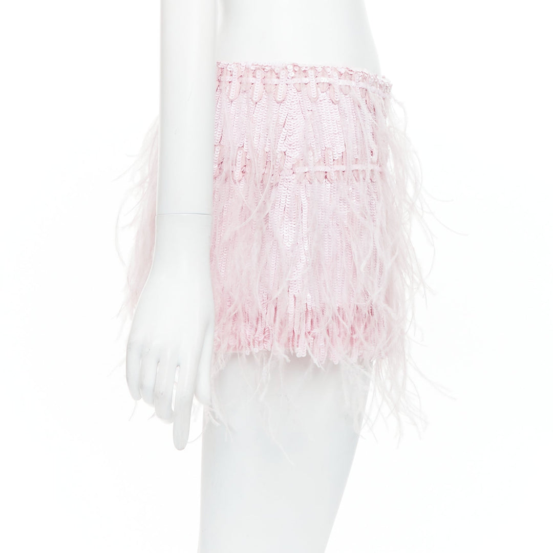 VALENTINO 2023 baby pink silk sequin ostrich feather mini skirt IT40 S