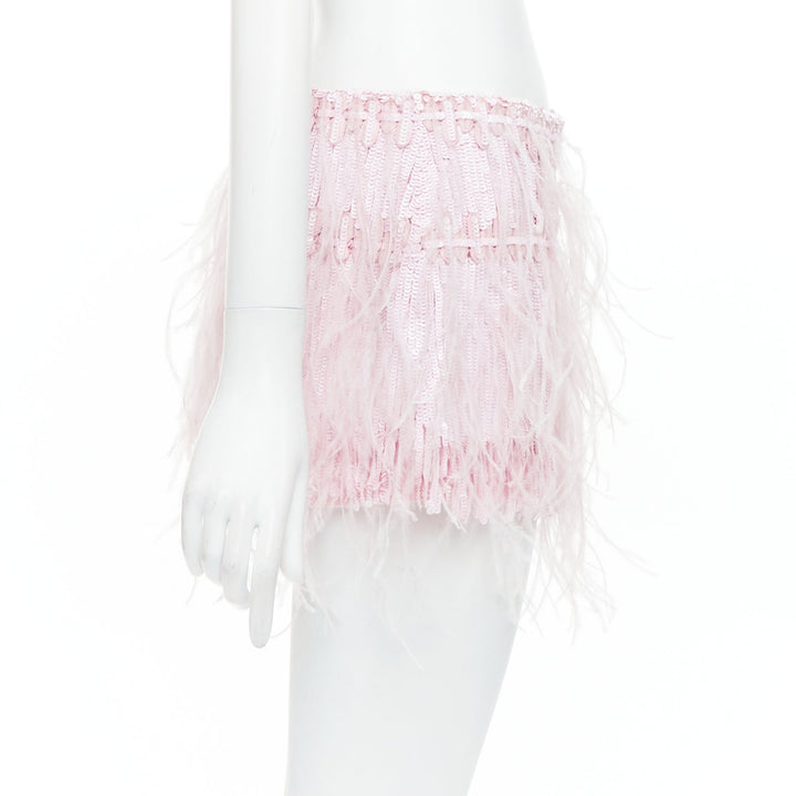 VALENTINO 2023 baby pink silk sequin ostrich feather mini skirt IT40 S