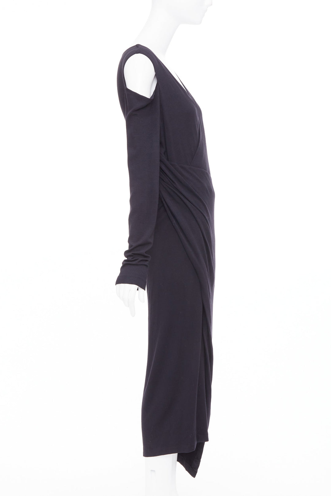 DONNA KARAN black jersey cold shoulder long sleeve side drape dress L