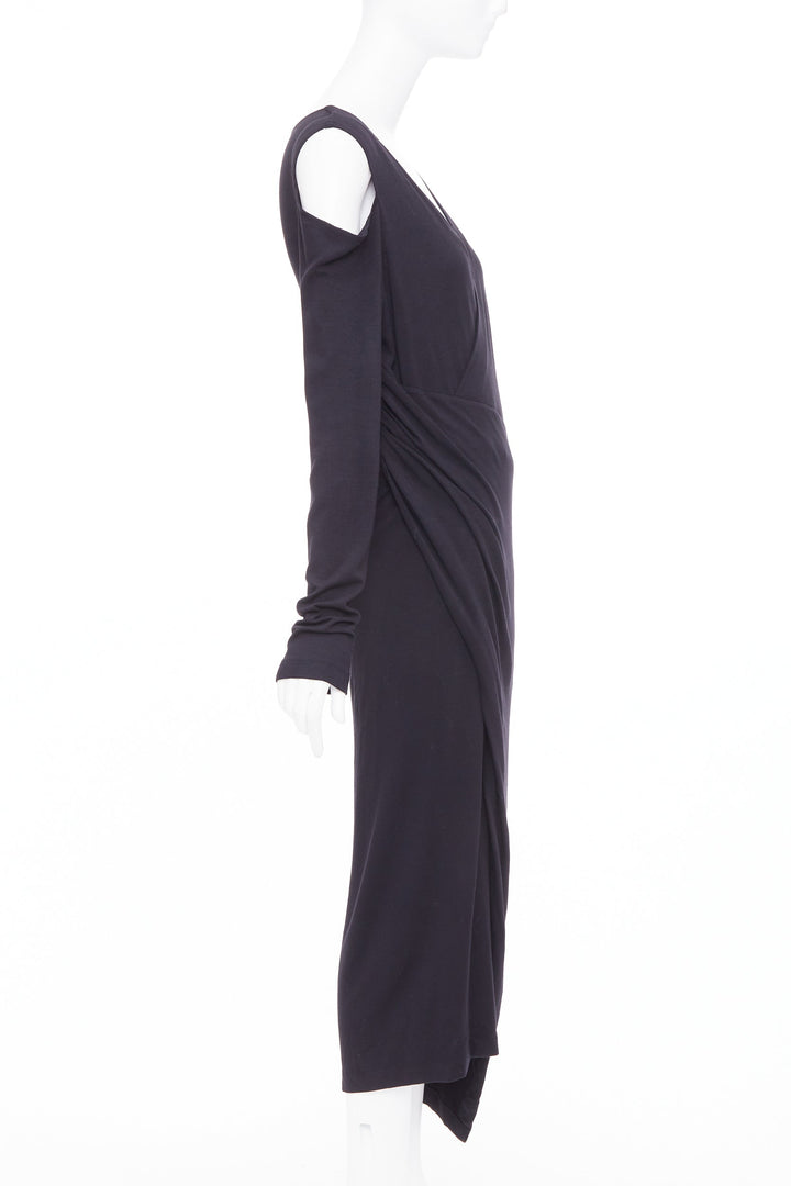 DONNA KARAN black jersey cold shoulder long sleeve side drape dress L
