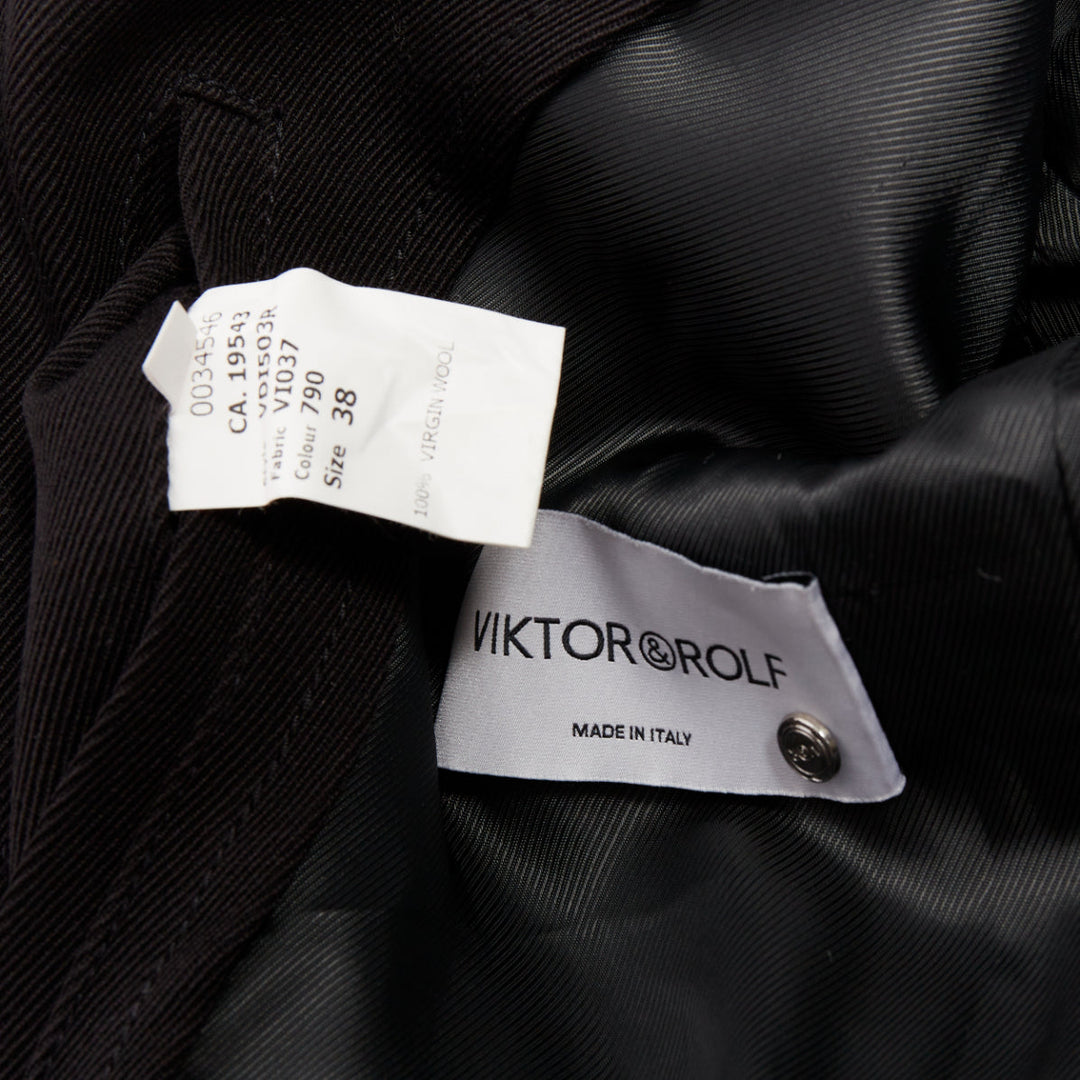 VIKTOR & ROLF black wool twill ruched waist gun flap long trench coat IT38 XS
