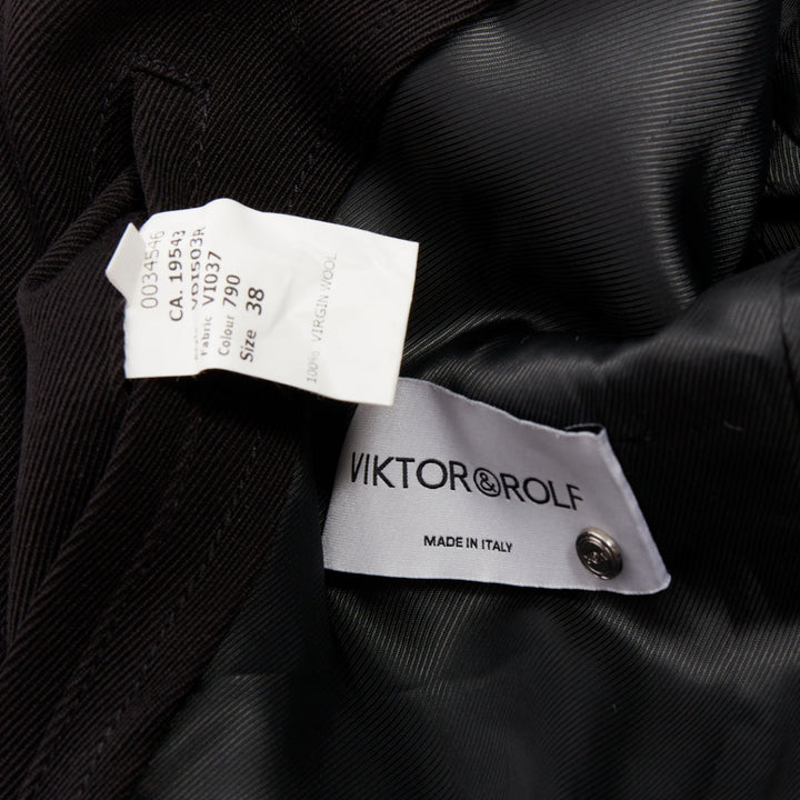 VIKTOR & ROLF black wool twill ruched waist gun flap long trench coat IT38 XS