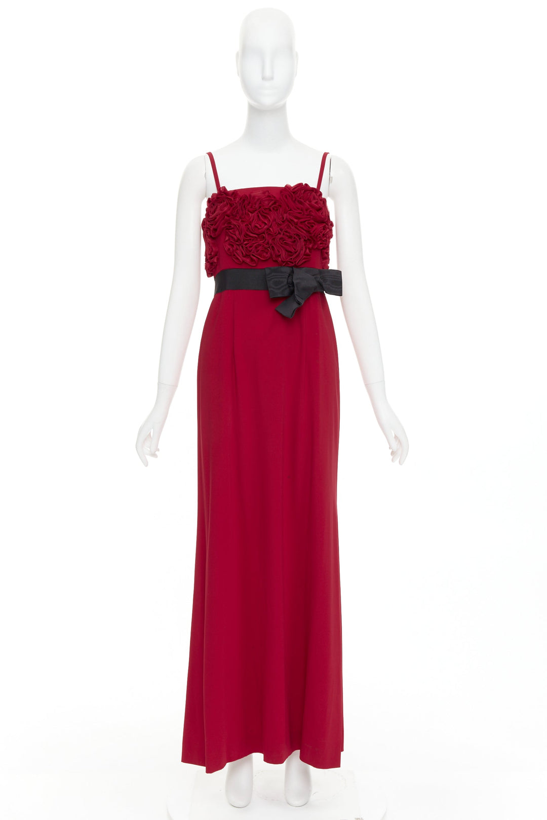 VALENTINO red Rosette ruffle boned bust black bow belt midi gown IT40 S