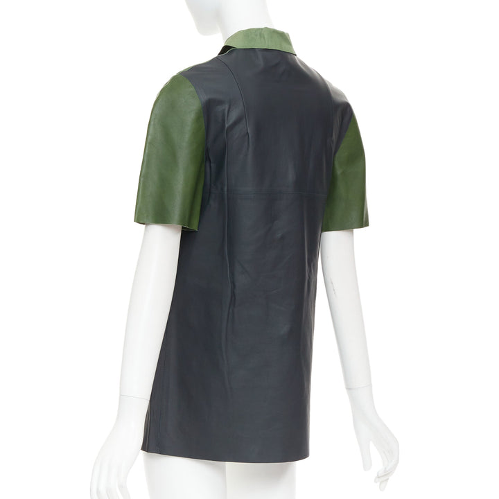 MARNI 2012 green navy calf leather geometric buttons round sleeve coat IT38 XS