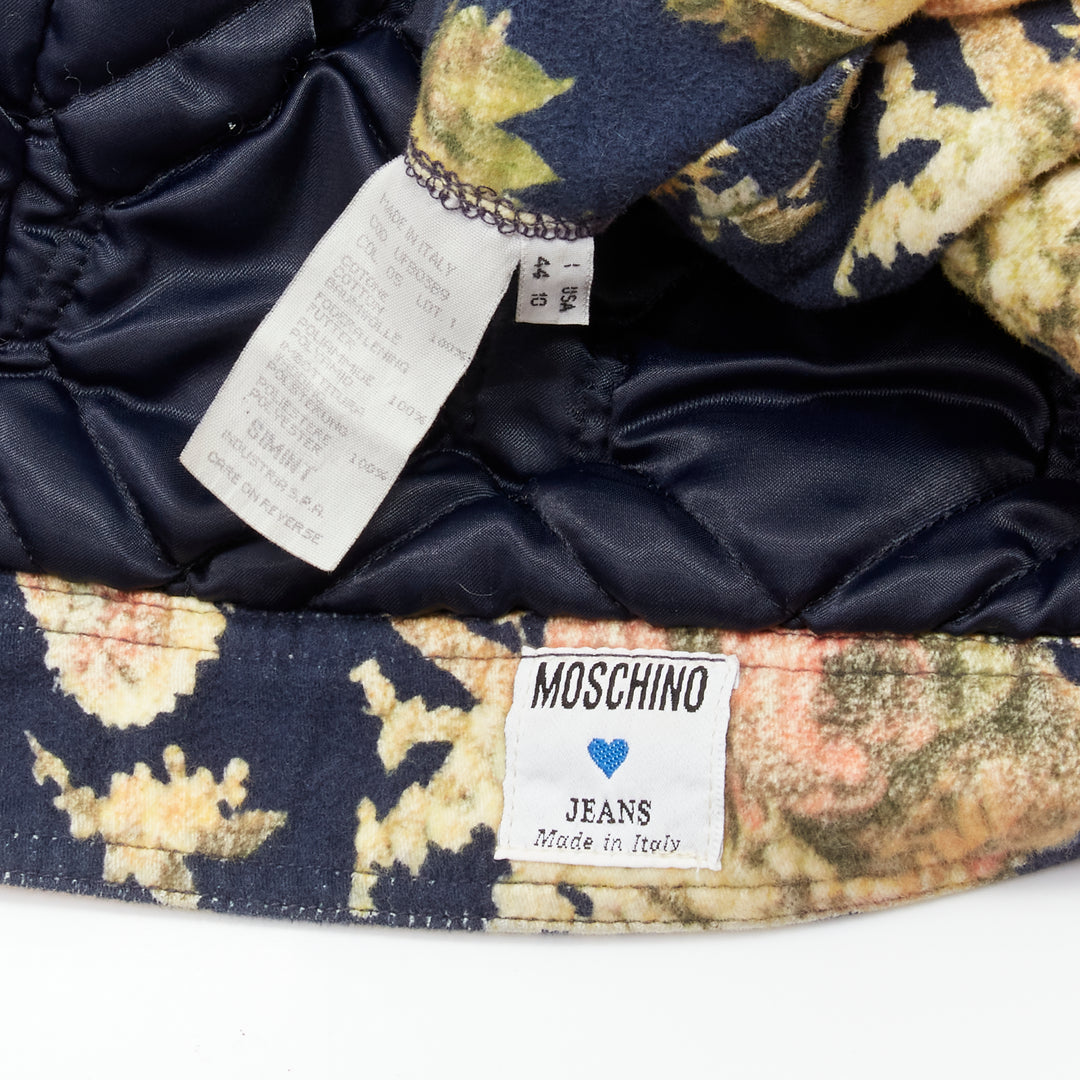 MOSCHINO JEANS Vintage yellow floral printed cotton faux fur trim padded coat