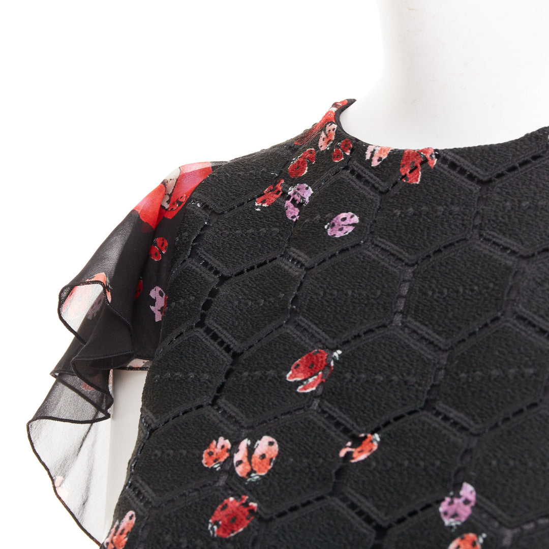 GIAMBA GIAMBATTISTA VALLI black red lady bugs lip embroidered  flutter top IT40