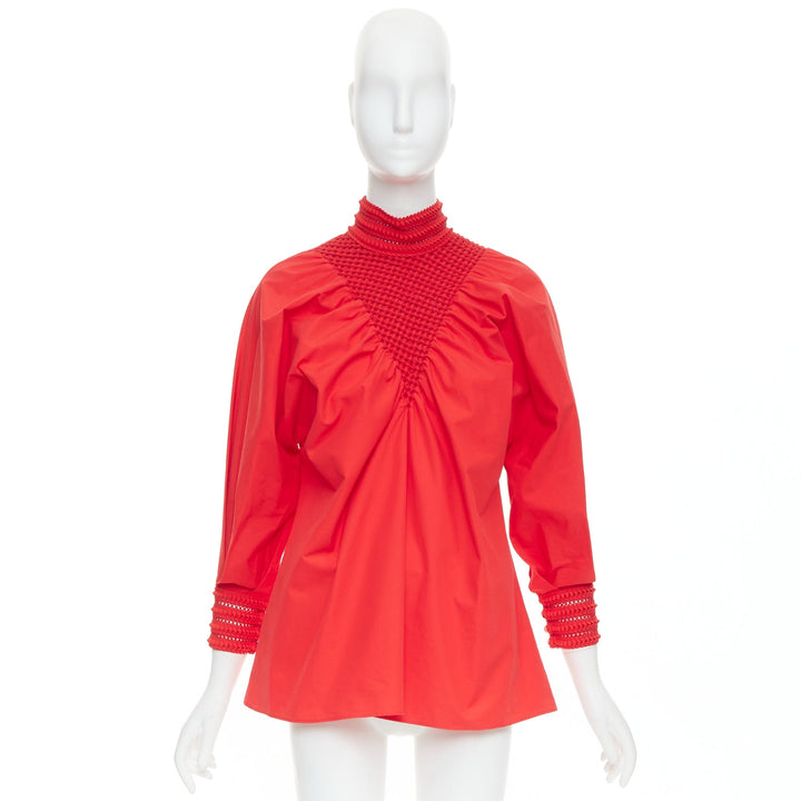 FENDI 2016 Runway red cotton silk ruched knot weave collar peasant top IT38 XS