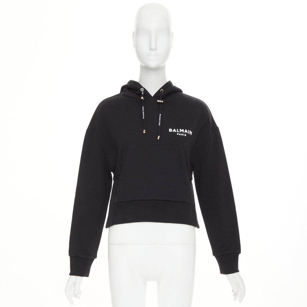 BALMAIN black cotton white flocked felt logo print side split fleece hoodie XS