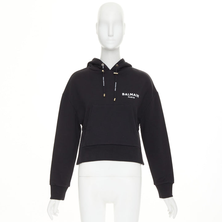 BALMAIN black cotton white flocked felt logo print side split fleece hoodie XS