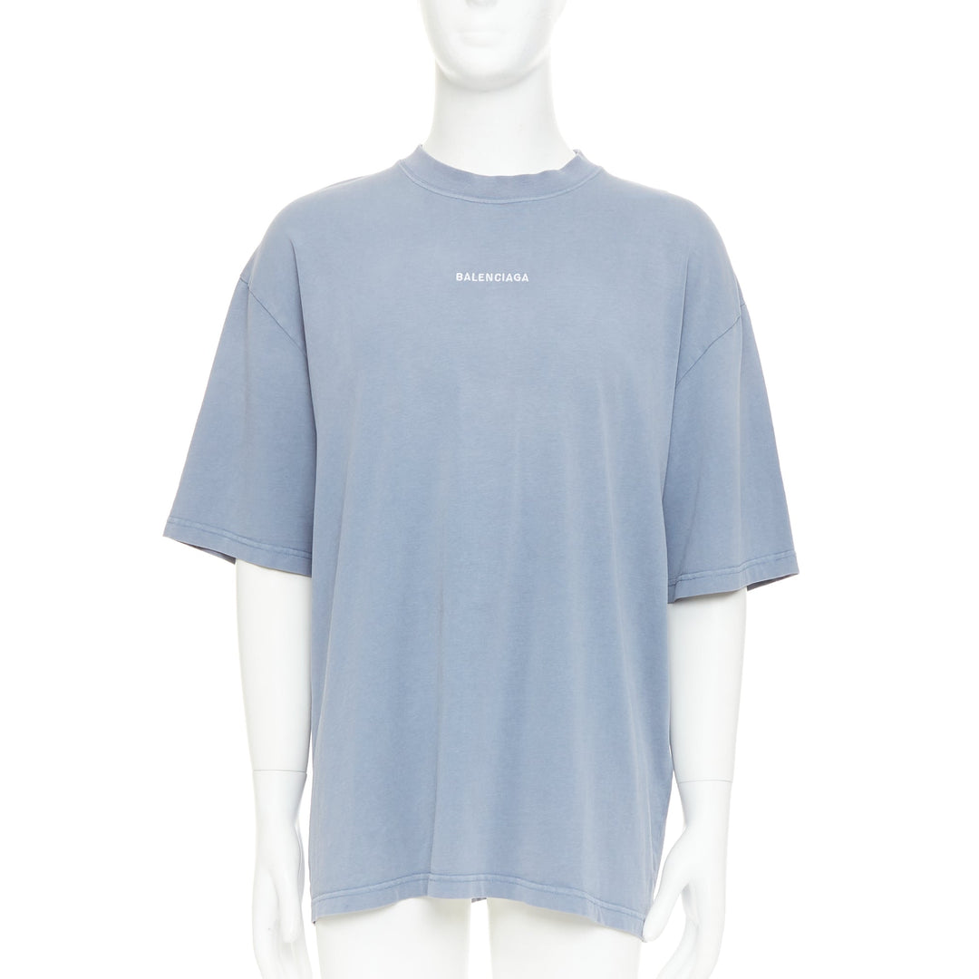 BALENCIAGA 2020 100% wool washed blue logo print crew neck oversized tshirt M