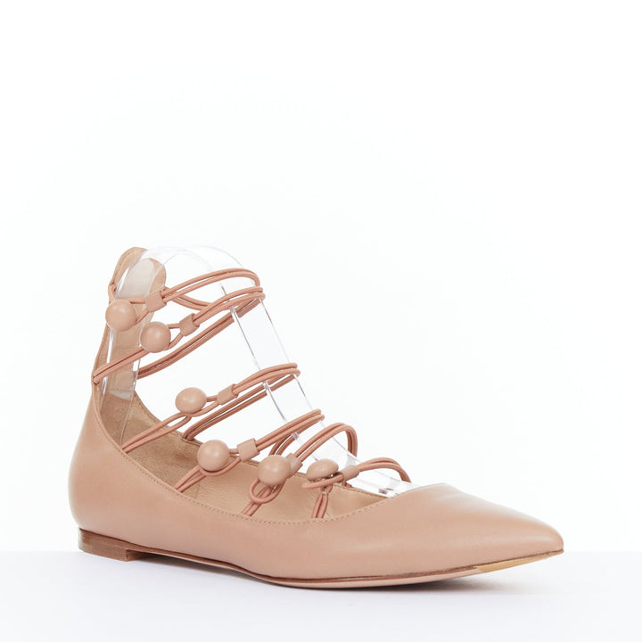 GIANVITO ROSSI nude leather button multi strap pointed ballerina flats EU37.5