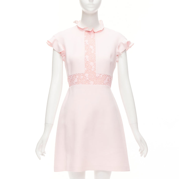 GIAMBATTISTA VALLI pink cotton crepe ruffle lace insert fit flare dress IT42 M