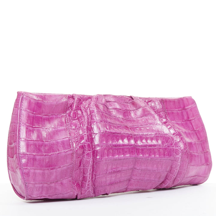 NANCY GONZALEZ magenta purple scaled leather pleated magnet long clutch bag