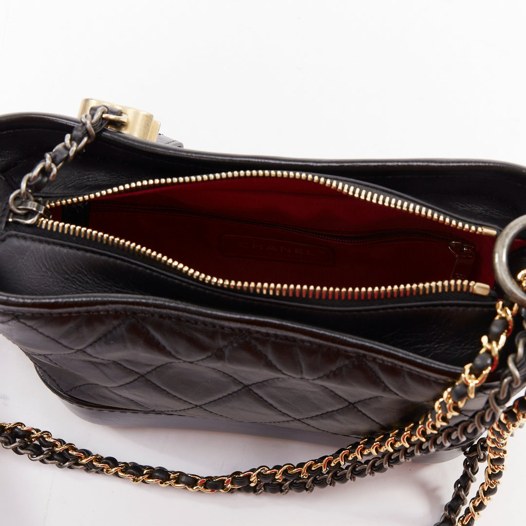 CHANEL Gabrielle Small black aged leather mix metal chain CC crossbody hobo bag