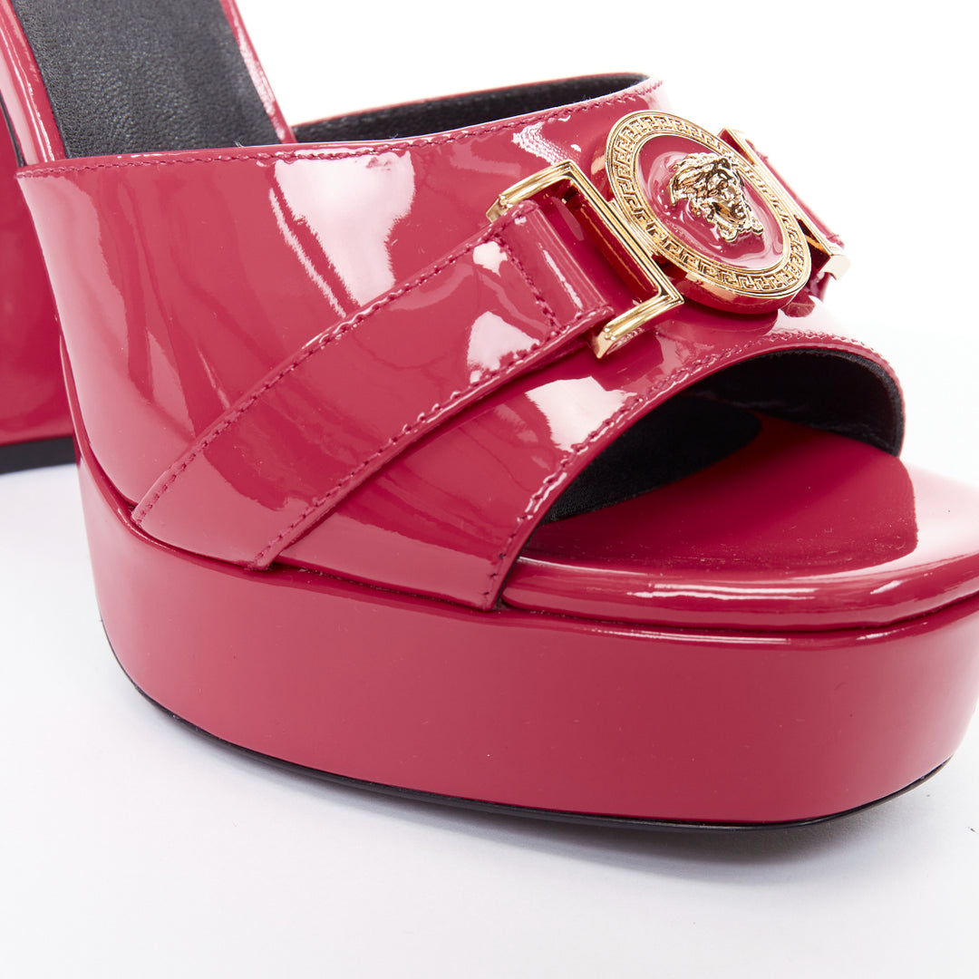 VERSACE Tribute fuschia pink patent Medusa emblem open toe platform sandal EU39