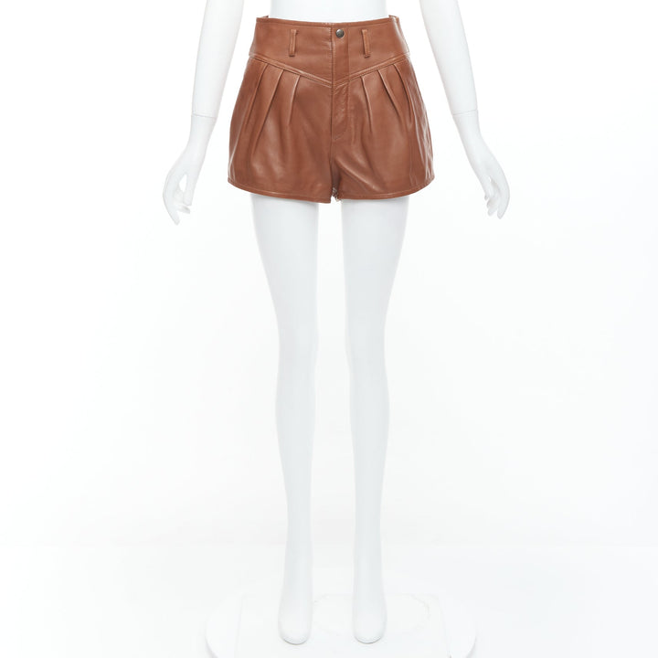 SAINT LAURENT 2020 brown lamb leather pleated riding shorts FR36 S