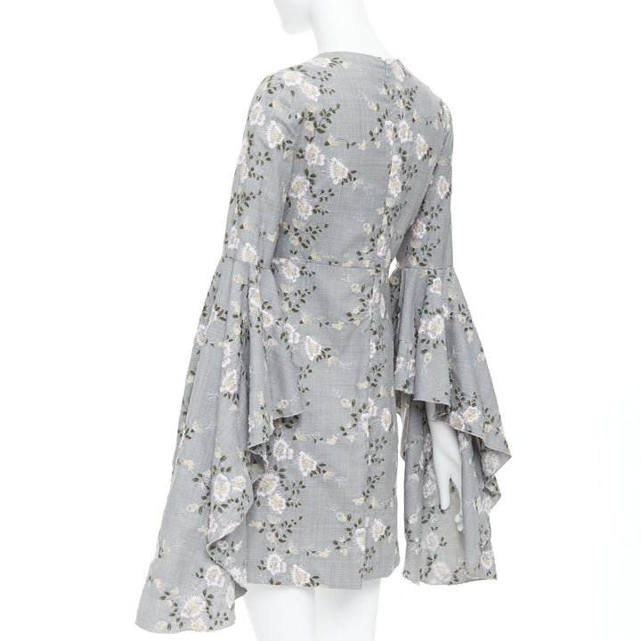 GIAMBATTISTA VALLI grey wool floral embroidery cascade bell sleeve dress IT38 XXS