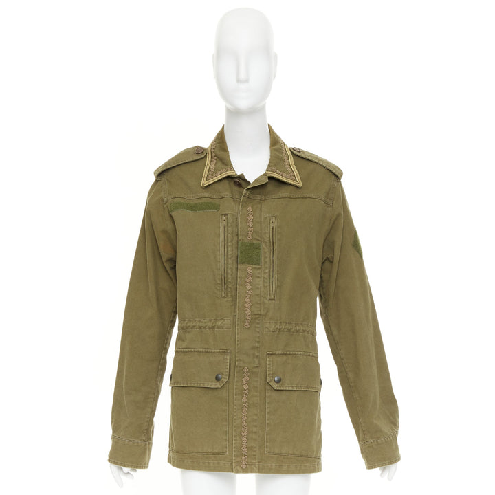 SAINT LAURENT 2018 Saharienne green gold embroidered trim military jacket FR44 L