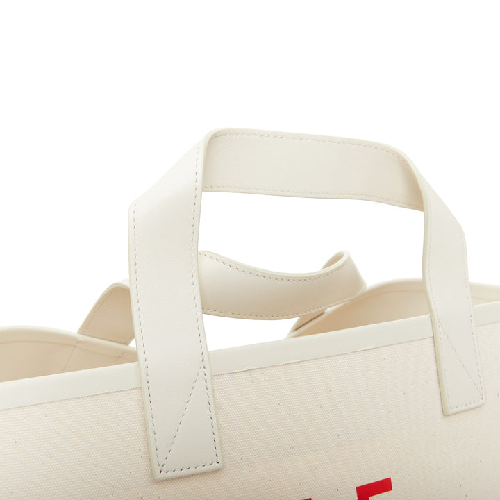 CELINE 2018 Made In white canvas cream leather trim small red logo open tote bag