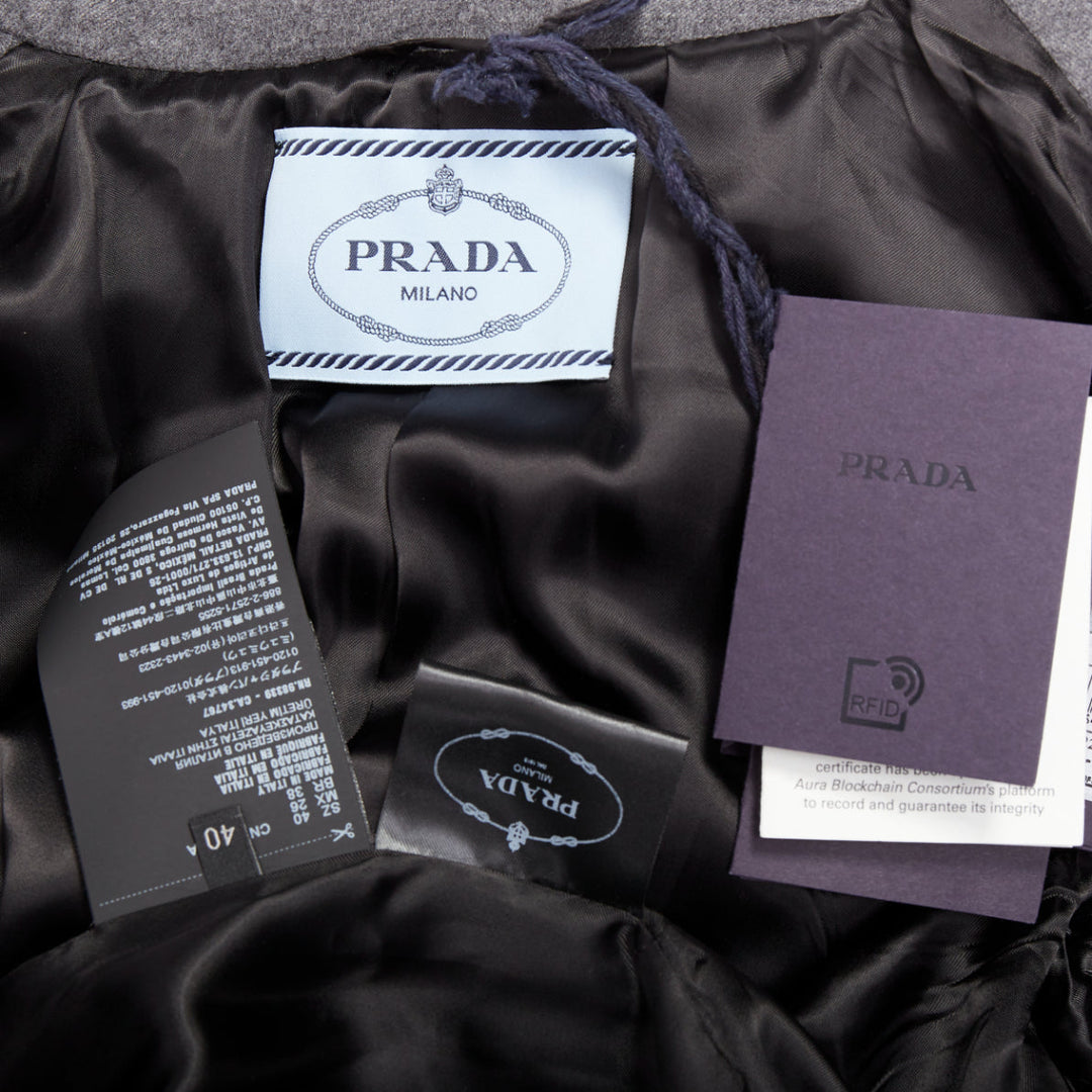 PRADA 2022 grey cashmere wool silver logo leather belted padded coat IT40 S