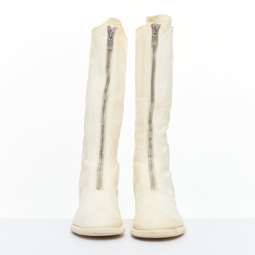 GUIDI 410 Soft Horse distressed off white leather silver zip front boots EU36