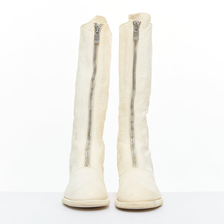 GUIDI 410 Soft Horse distressed off white leather silver zip front boots EU36